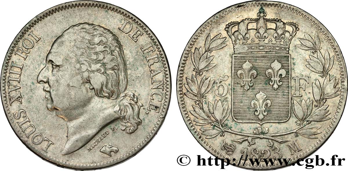 5 francs Louis XVIII, tête nue 1823 Toulouse F.309/84 MBC40 