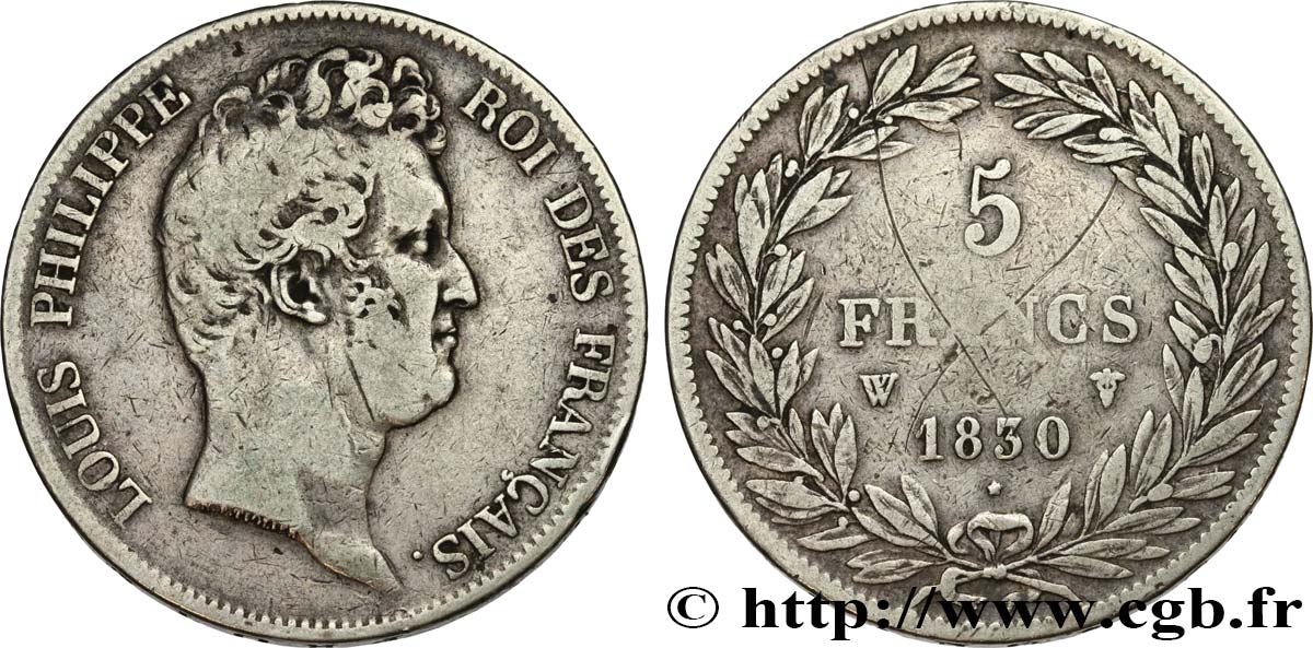 5 francs type Tiolier sans le I, tranche en creux 1830 Lille F.313/4 TB 