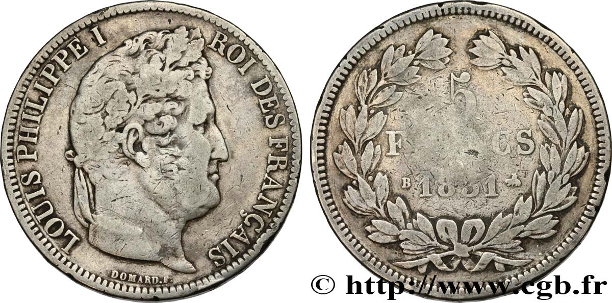 5 francs Ier type Domard, tranche en relief 1831 Rouen F.320/2 VF20 