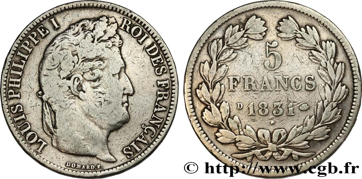 5 francs Ier type Domard, tranche en relief 1831 Lyon F.320/4 BC 