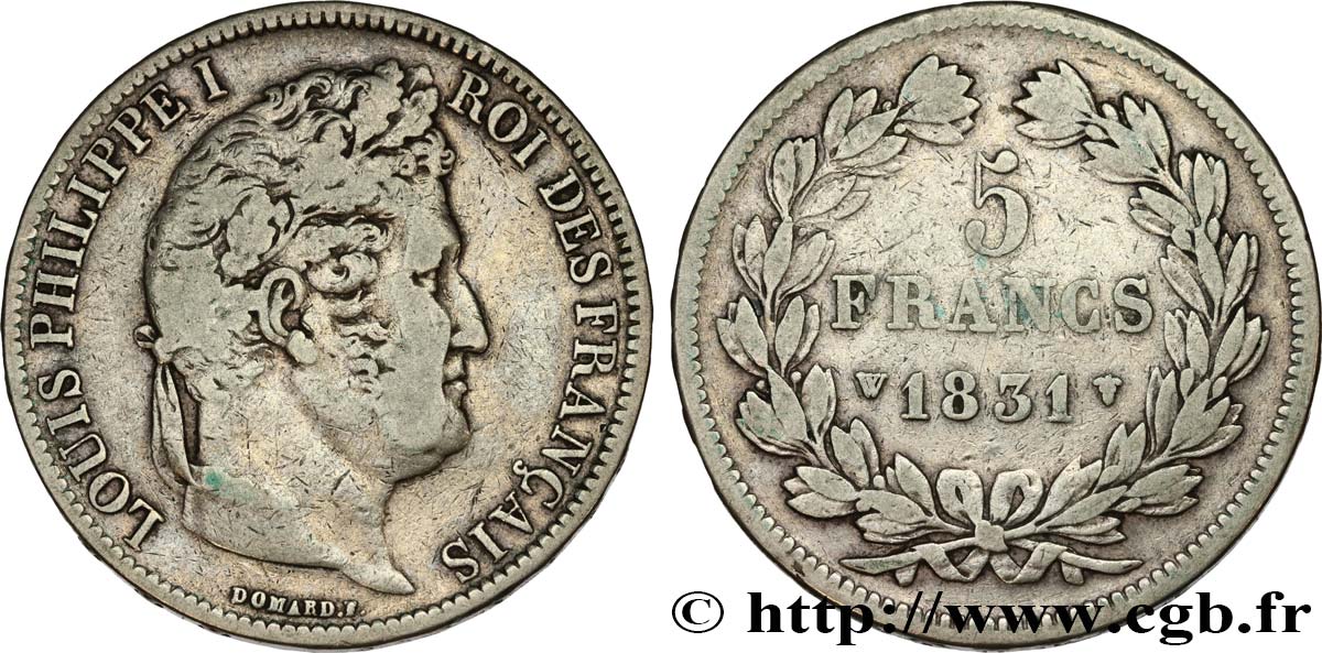 5 francs Ier type Domard, tranche en relief 1831 Lille F.320/13 VF25 