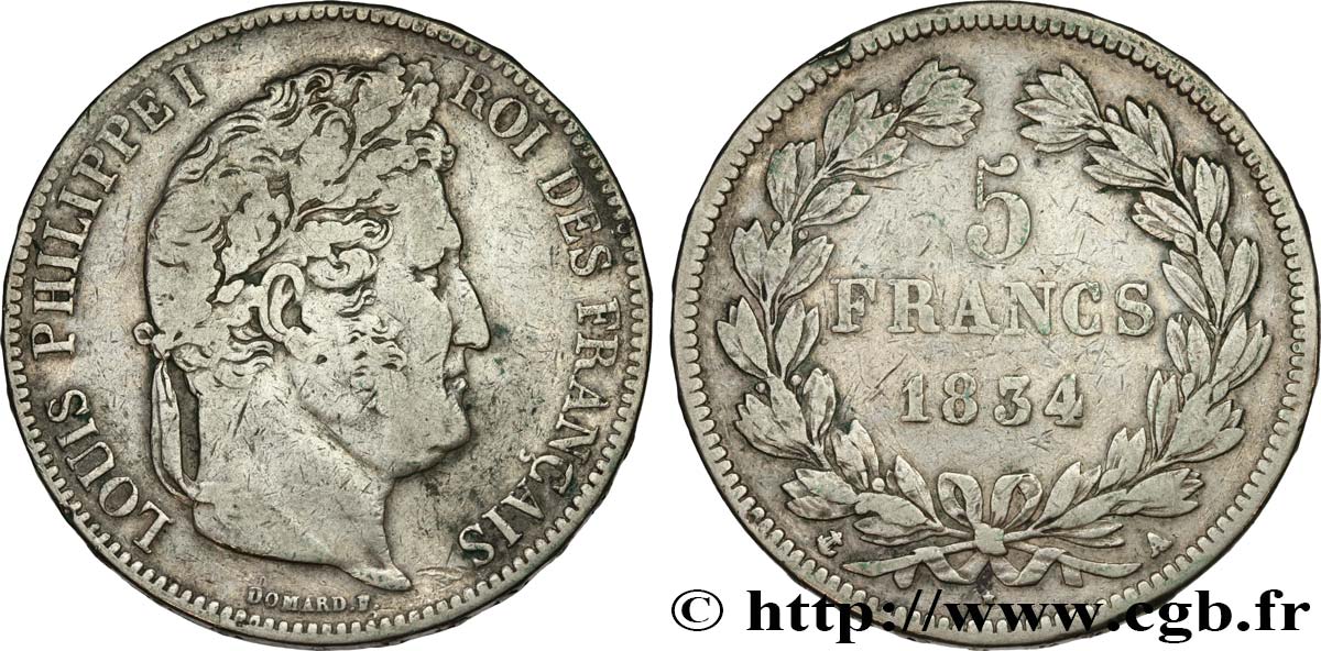 5 francs IIe type Domard 1834 Paris F.324/29 VF25 