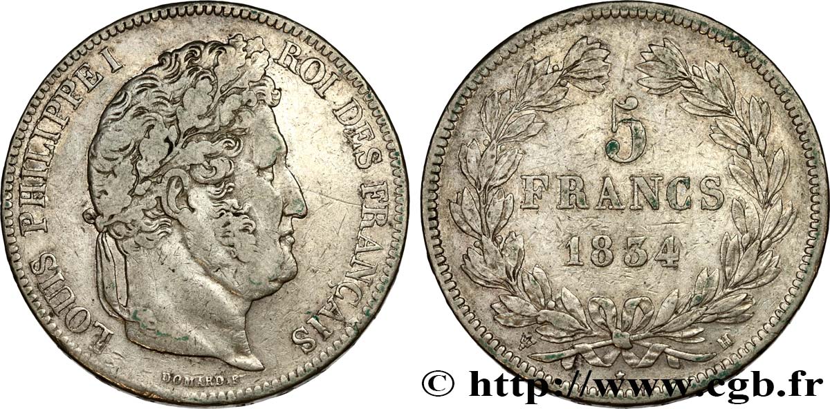 5 francs IIe type Domard 1834 La Rochelle F.324/33 VF35 