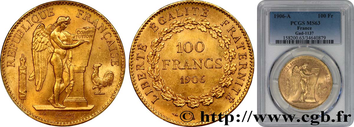 100 francs or Génie, tranche inscrite en relief Dieu protège la France 1906 Paris F.552/19 SPL63 PCGS