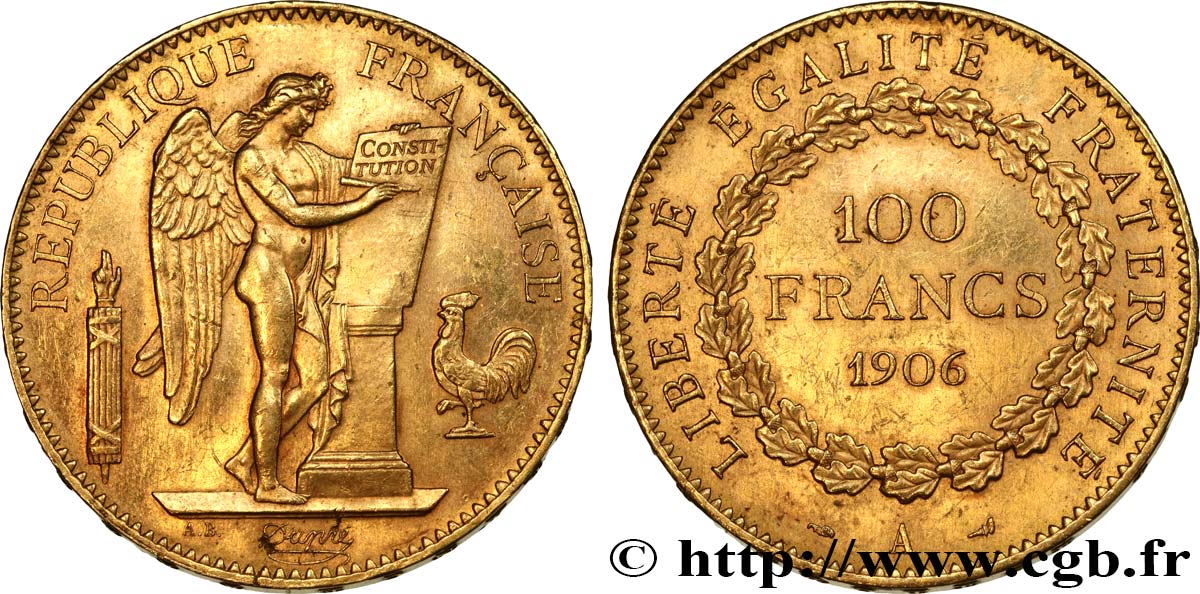 100 francs or Génie, tranche inscrite en relief Dieu protège la France 1906 Paris F.552/19 VZ58 