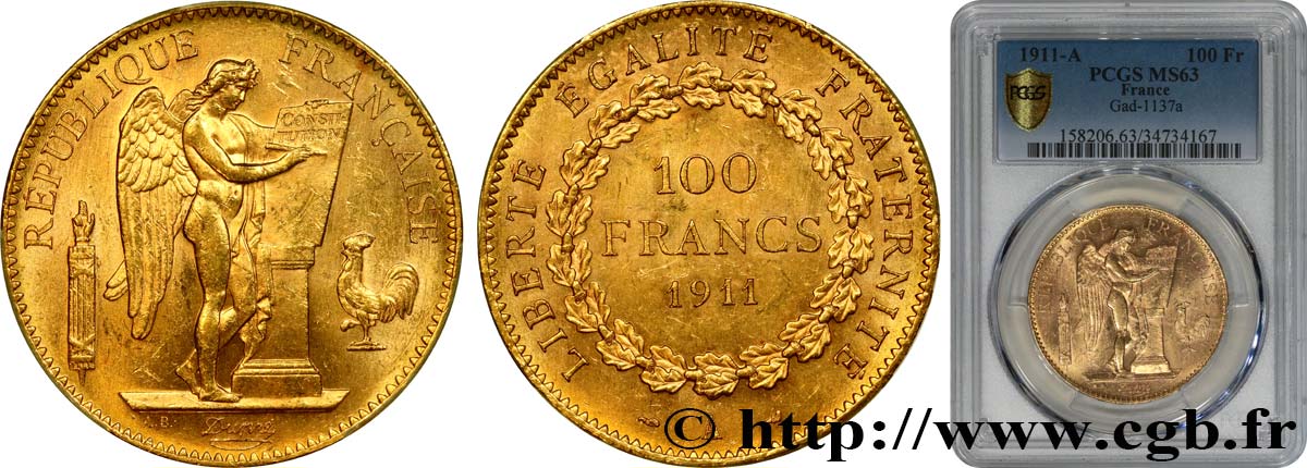 100 francs or Génie, tranche inscrite en relief Liberté Égalité Fraternité 1911 Paris F.553/5 MS63 PCGS