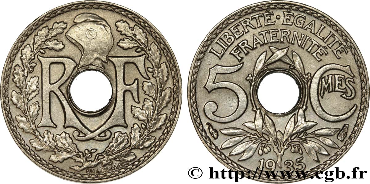 5 centimes Lindauer, petit module 1935 Paris F.122/18 EBC55 
