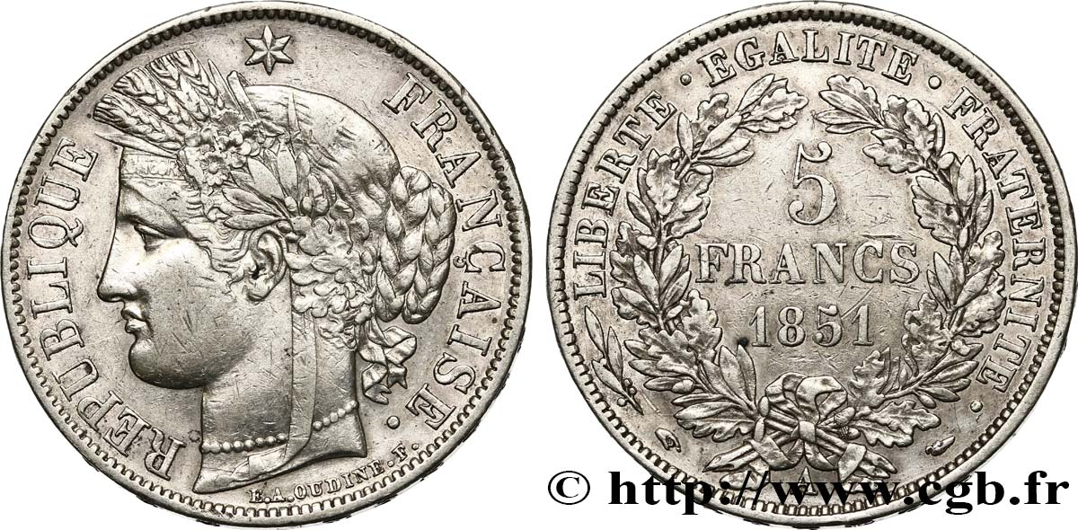 5 francs Cérès, IIe République 1851 Paris F.327/7 XF45 