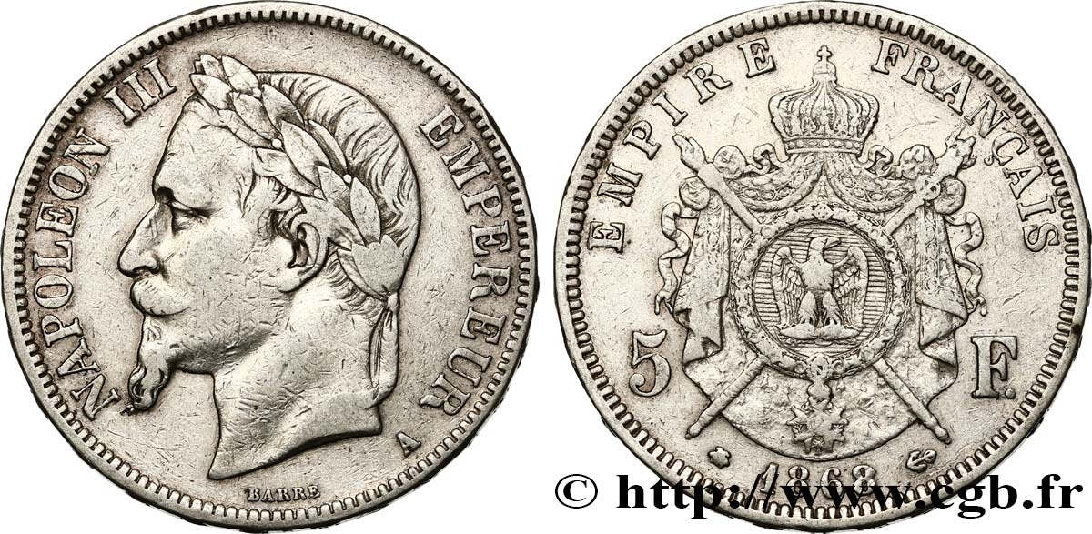 5 francs Napoléon III, tête laurée 1868 Paris F.331/12 BC30 