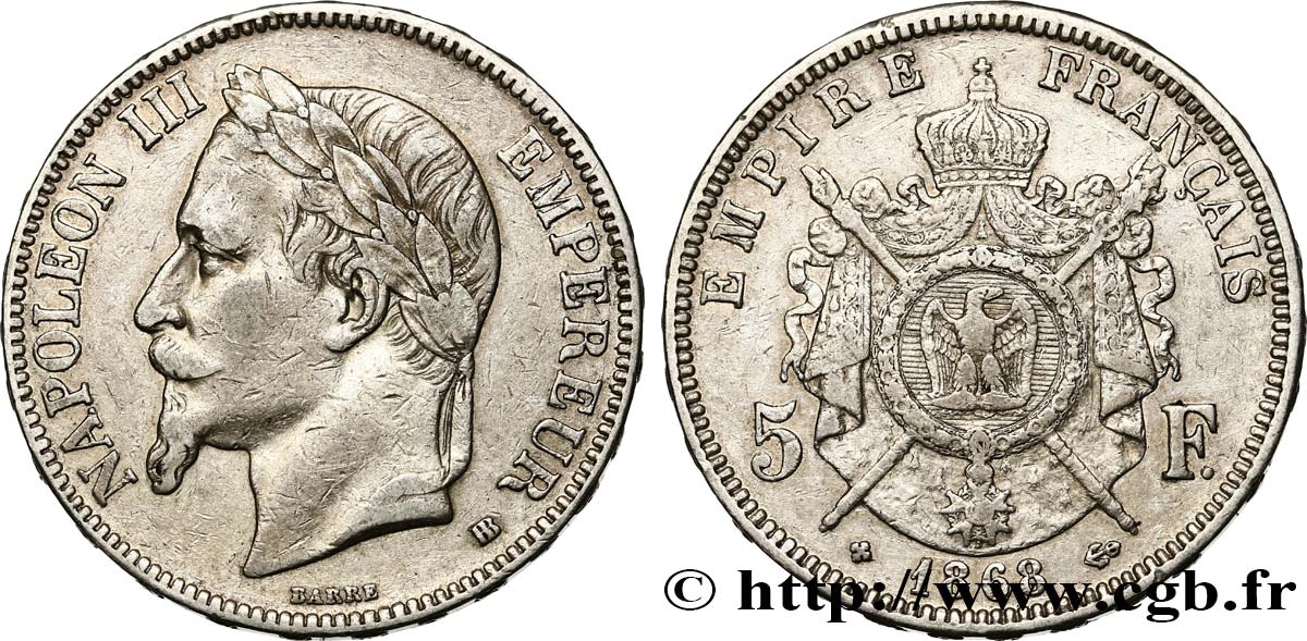 5 francs Napoléon III, tête laurée 1868 Strasbourg F.331/13 S30 