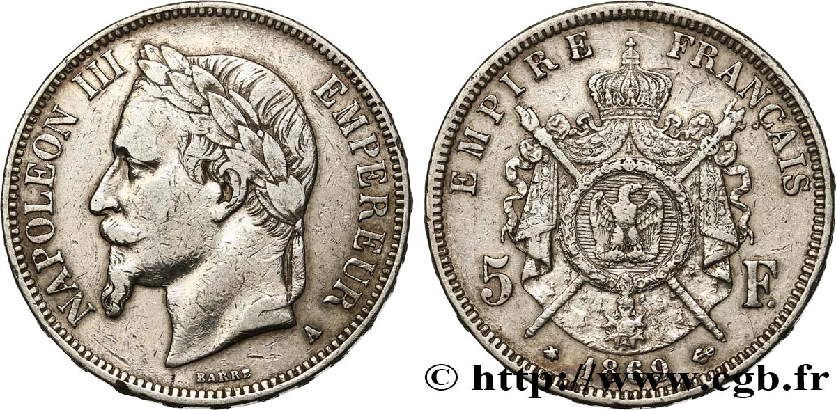 5 francs Napoléon III, tête laurée 1869 Paris F.331/14 VF30 