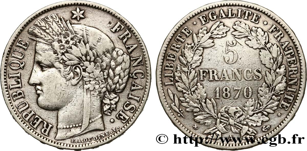 5 francs Cérès, avec légende 1870 Paris F.333/1 TB35 
