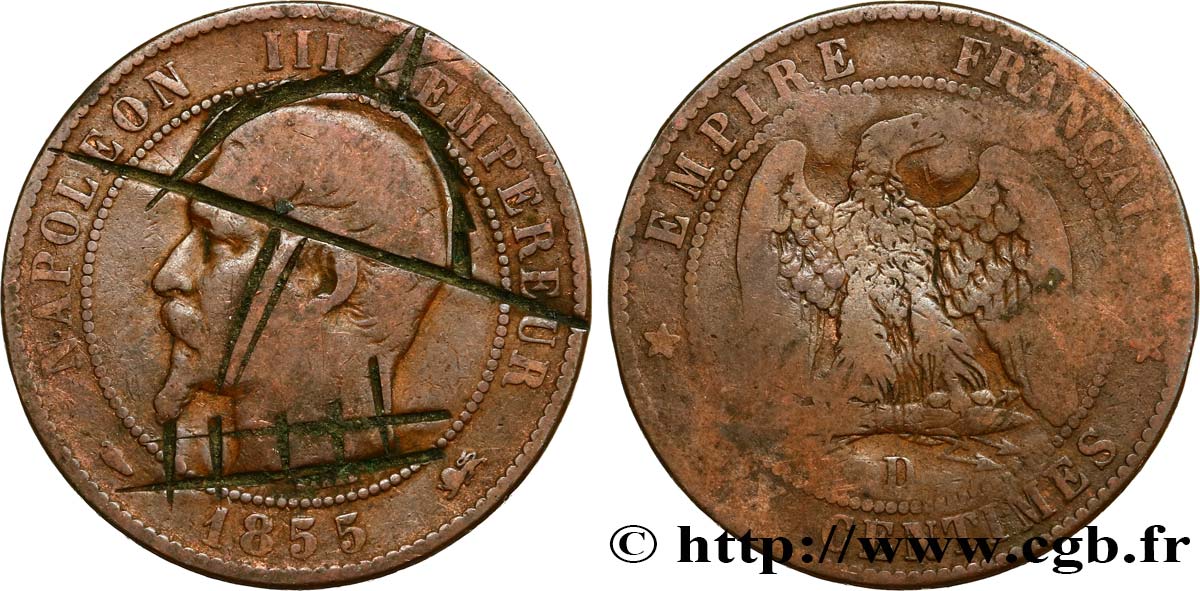 Dix centimes Napoléon III, tête nue, satirique 1855 Lyon F.133/25 B 