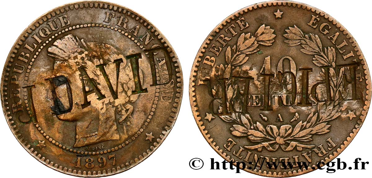 10 centimes Cérès, contremarqué EPICIER J DAVID 1897 Paris F.135/44 var. TB 