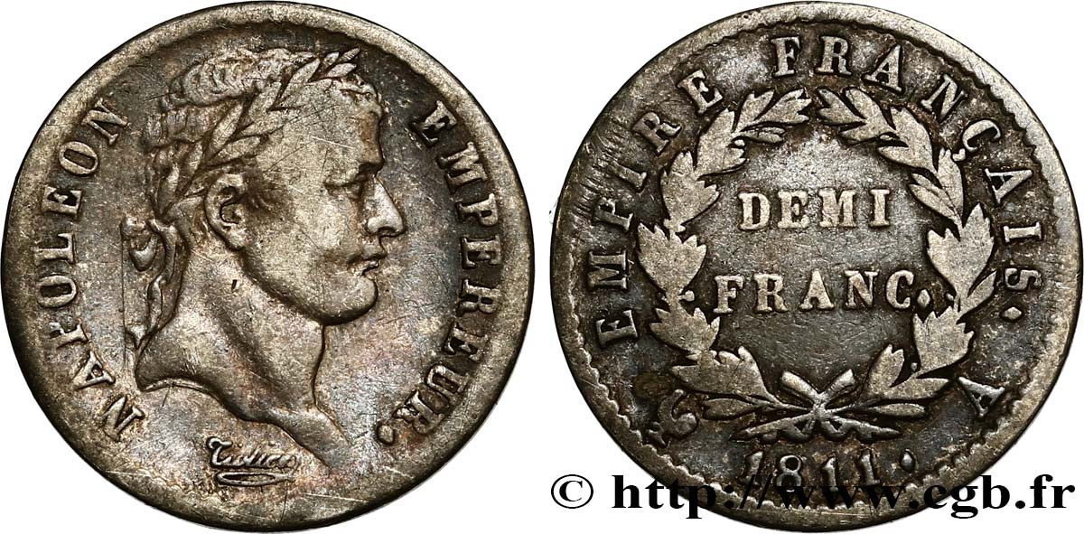 Demi-franc Napoléon Ier tête laurée, Empire français 1811 Paris F.178/21 S25 