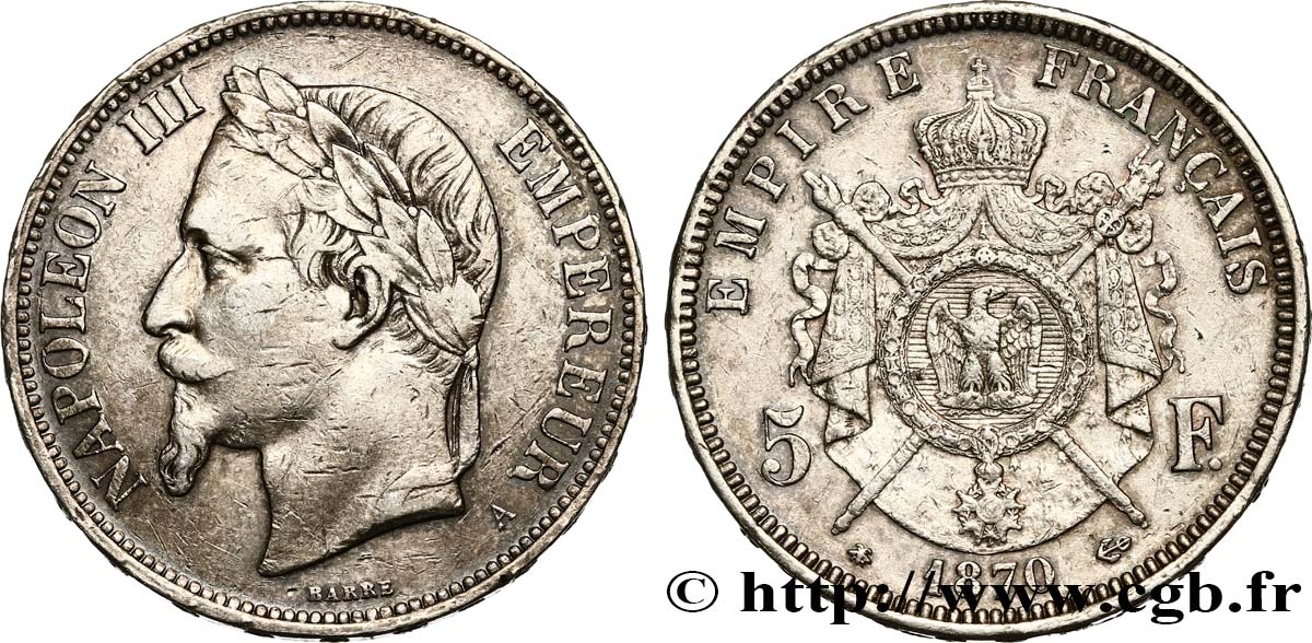5 francs Napoléon III, tête laurée 1870 Paris F.331/16 SS40 
