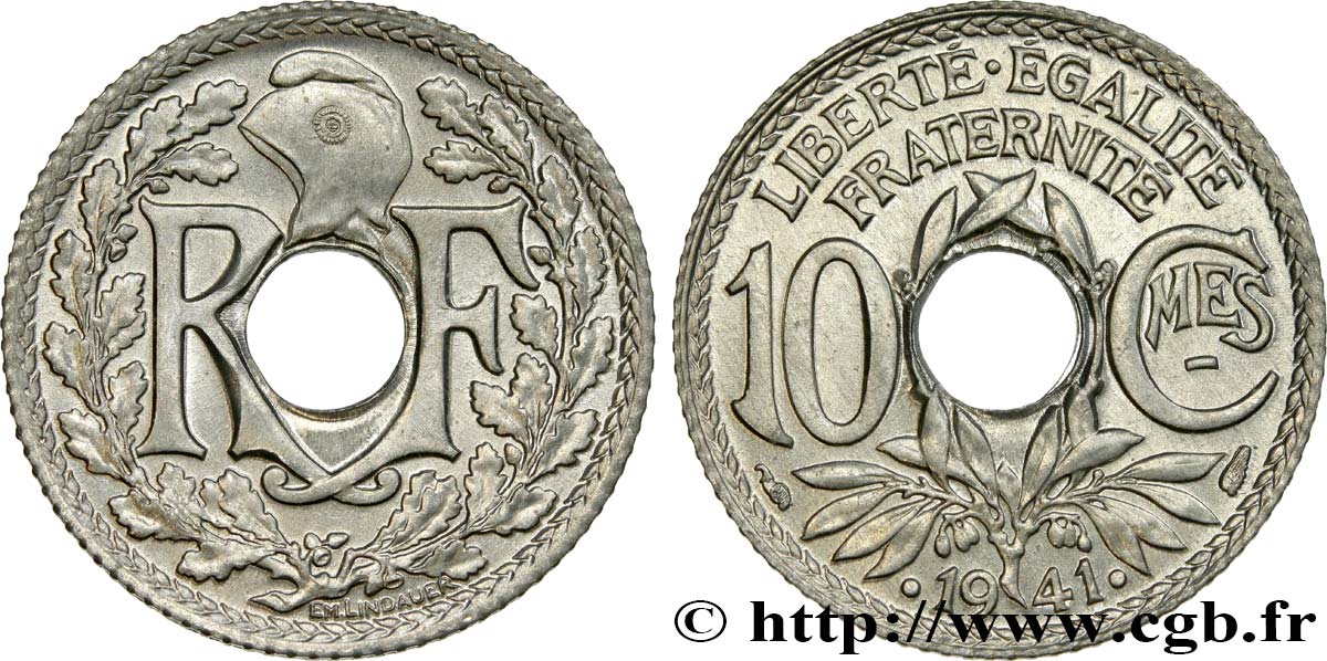 10 centimes Lindauer en zinc, Cmes souligné et millésime avec points 1941  F.140/2 SPL63 