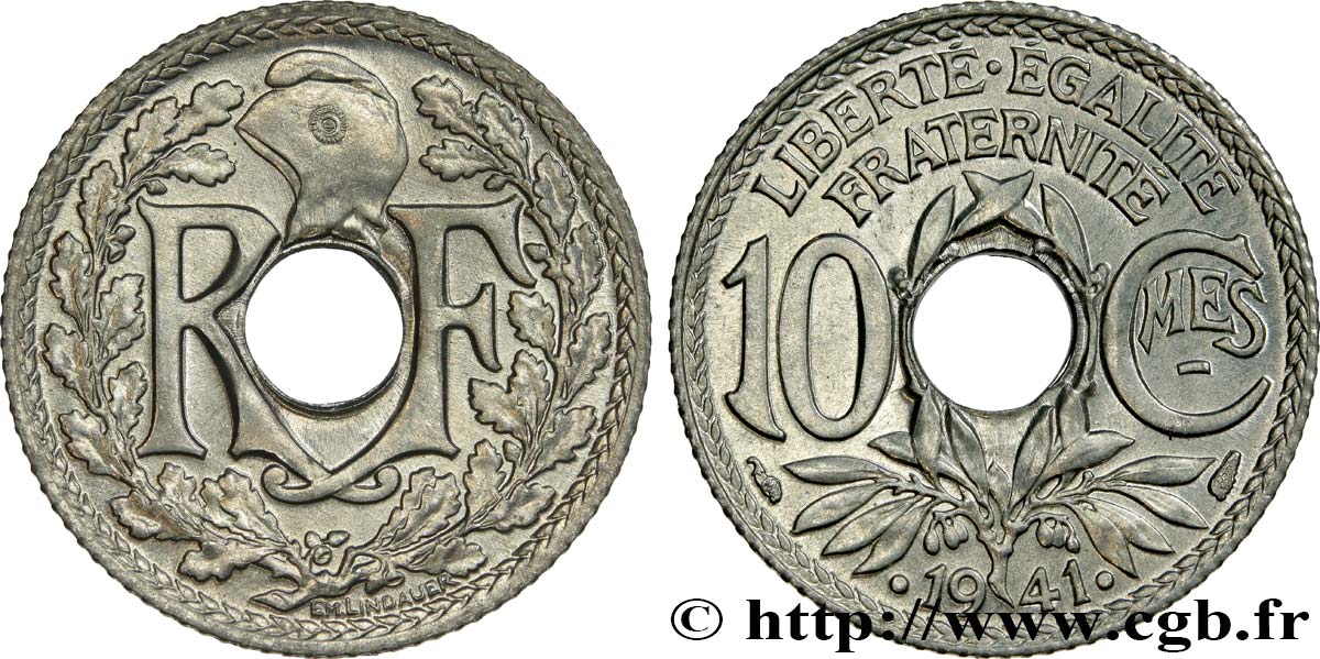 10 centimes Lindauer en zinc, Cmes souligné et millésime avec points 1941  F.140/2 fST63 
