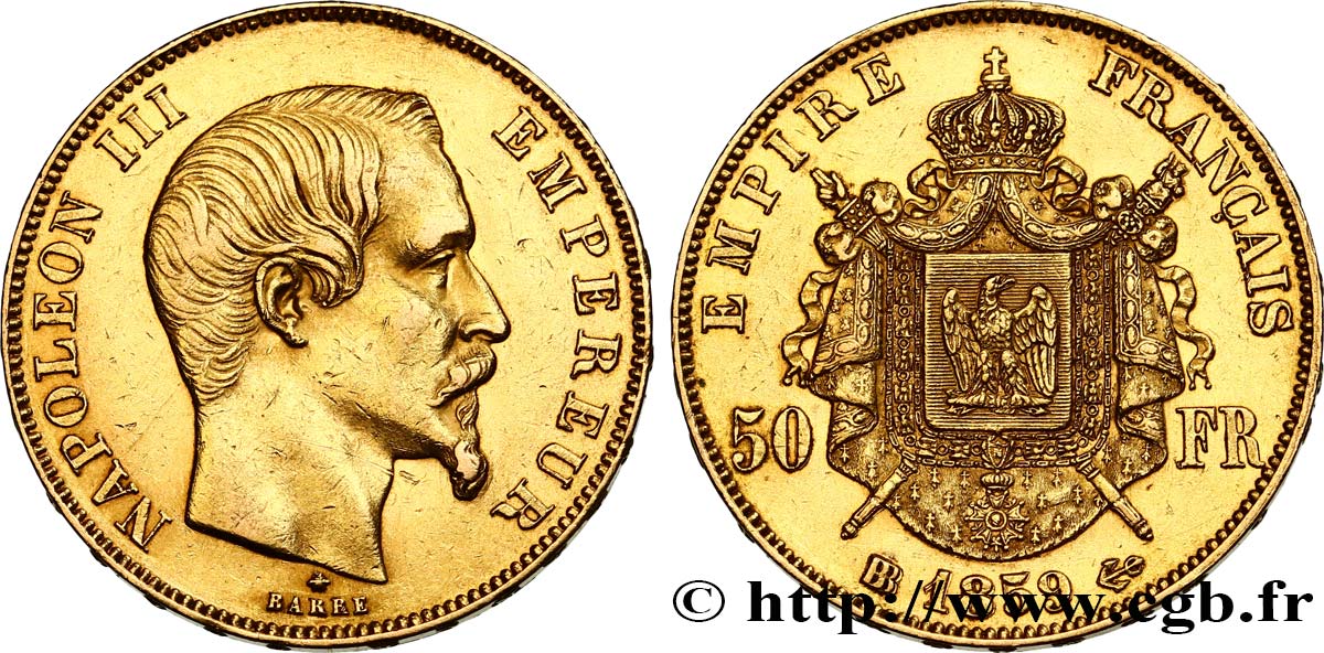 50 francs or Napoléon III, tête nue 1859 Strasbourg F.547/8 TTB50 