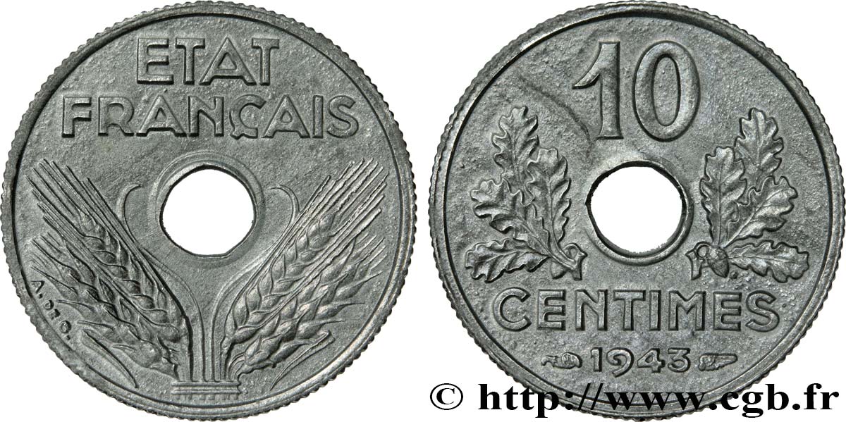 10 centimes État français, petit module 1943  F.142/2 EBC55 