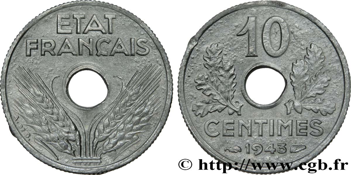 10 centimes État français, petit module 1943  F.142/2 SUP55 