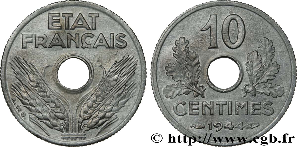 10 centimes État français, petit module 1944  F.142/3 EBC55 