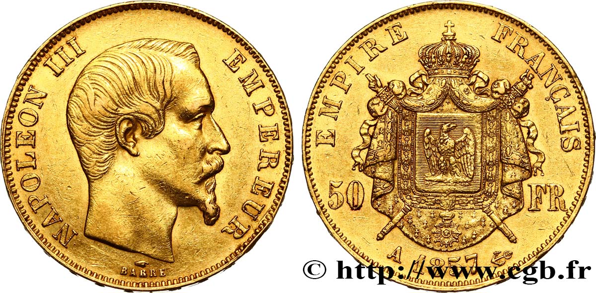 50 francs or Napoléon III, tête nue 1857 Paris F.547/4 MBC+ 