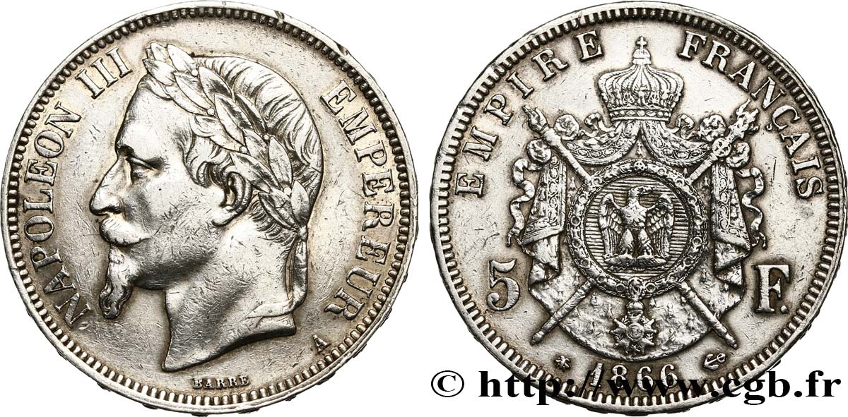 5 francs Napoléon III, tête laurée 1866 Paris F.331/9 TB+ 