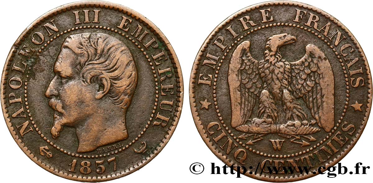 Cinq centimes Napoléon III, tête nue 1857 Lille F.116/43 TB25 