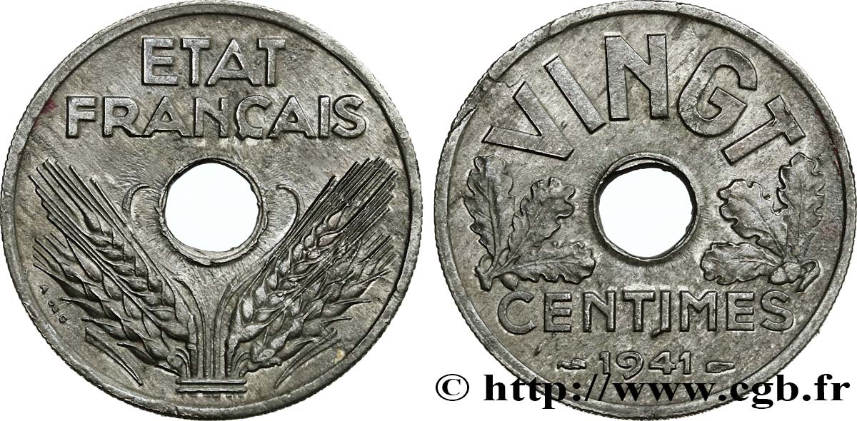 VINGT centimes État français 1941  F.152/2 AU50 
