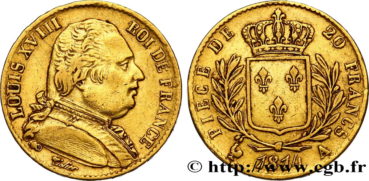 20 francs or Louis XVIII, buste habillé 1814 Paris F.517/2 BB42 