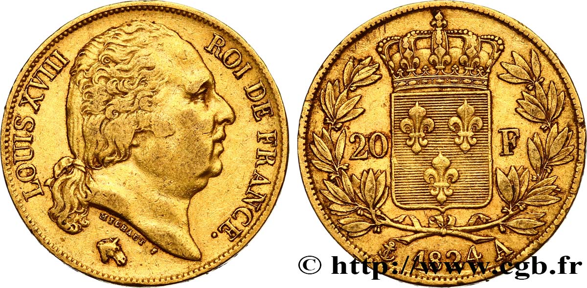 20 francs or Louis XVIII, tête nue 1824 Paris F.519/31 MBC45 