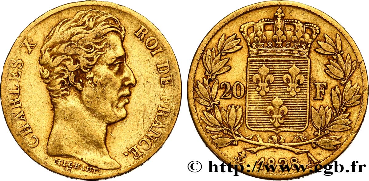 20 francs or Charles X, matrice du revers à quatre feuilles et demie 1828 Paris F.520/8 MBC40 