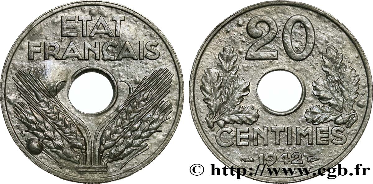 20 centimes État français, lourde 1942  F.153/4 MS60 