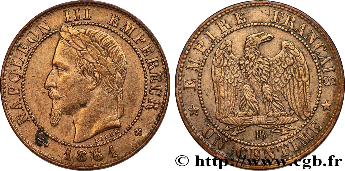 Un centime Napoléon III, tête laurée 1861 Strasbourg F.103/2 TTB50 