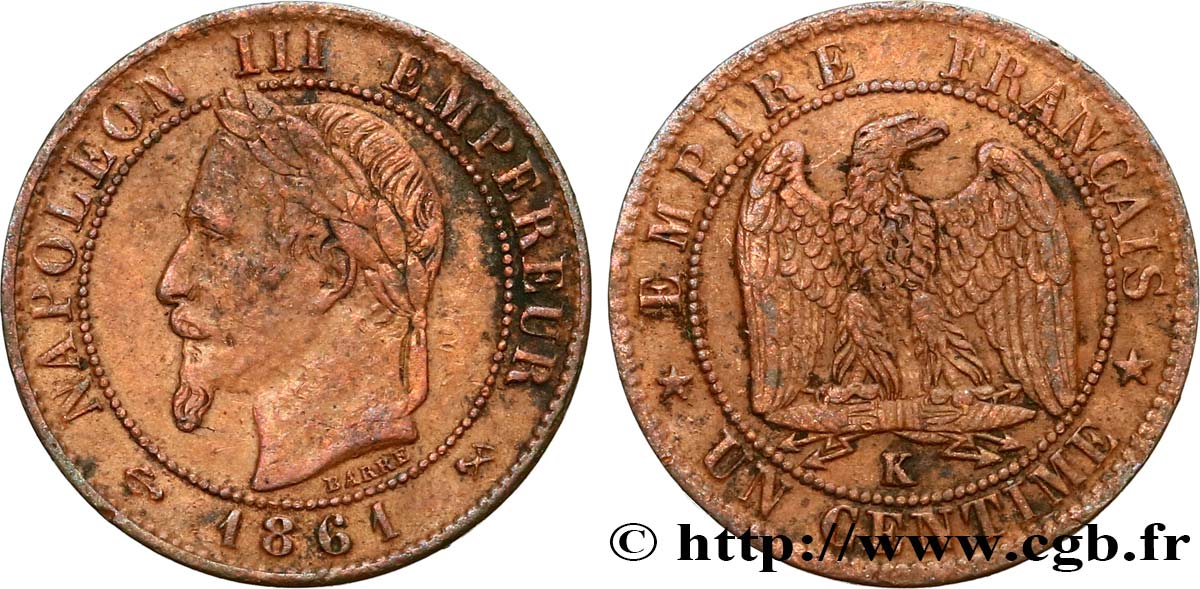 Un centime Napoléon III, tête laurée 1861 Bordeaux F.103/3 TB 