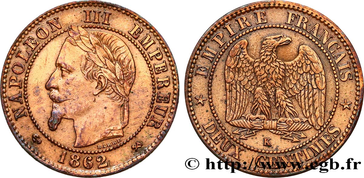 Deux centimes Napoléon III, tête laurée, buste définitif 1862 Bordeaux F.108A/7 BB48 