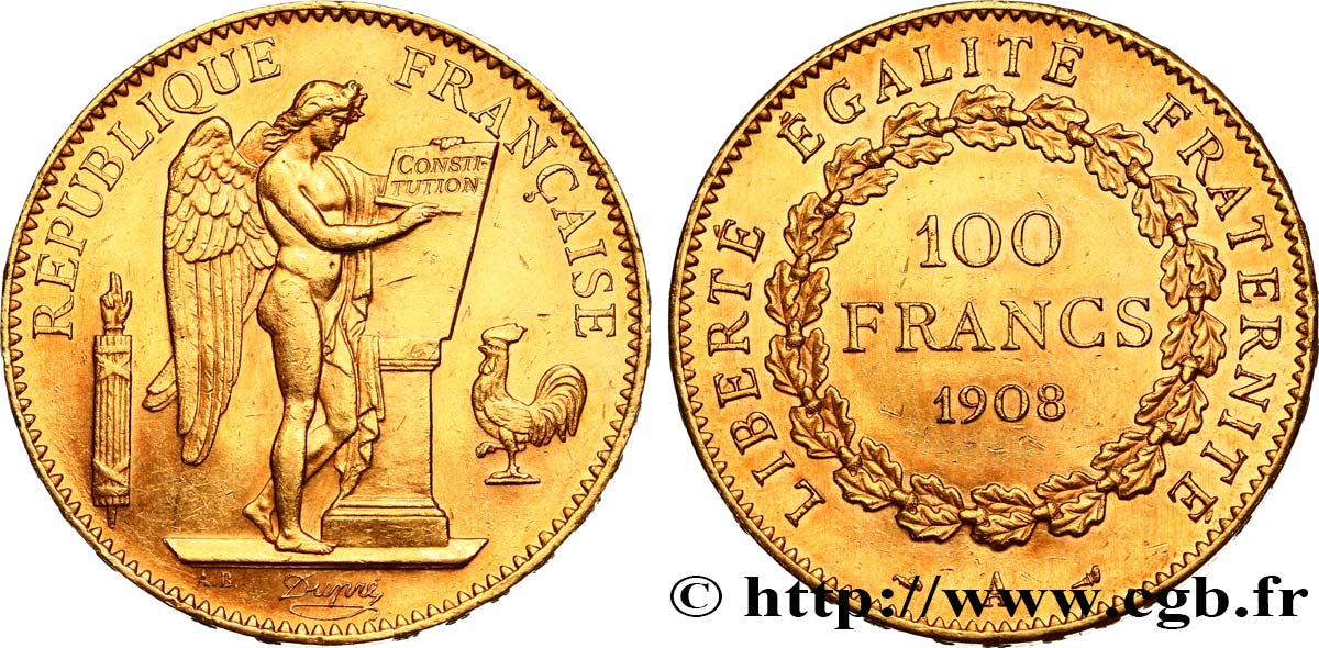 100 francs or Génie, tranche inscrite en relief liberté égalité fraternité 1908 Paris F.553/2 BB50 