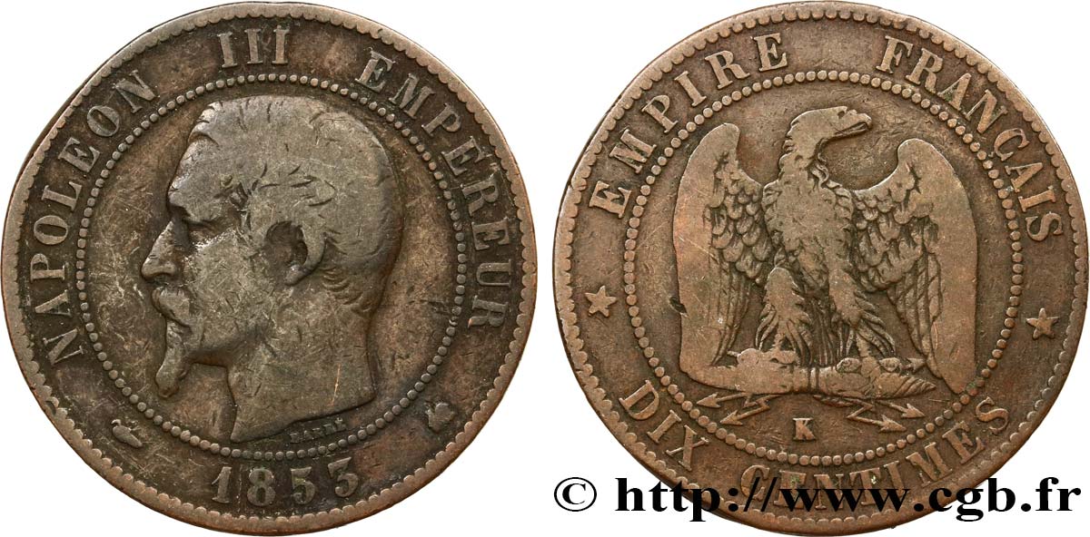 Dix centimes Napoléon III, tête nue 1853 Bordeaux F.133/7 TB15 