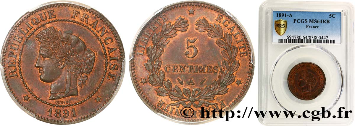 5 centimes Cérès 1891 Paris F.118/33 SC64 PCGS