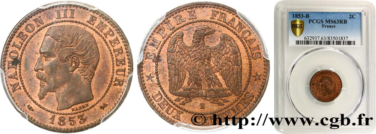 Deux centimes Napoléon III, tête nue 1853 Rouen F.107/2 SC63 PCGS