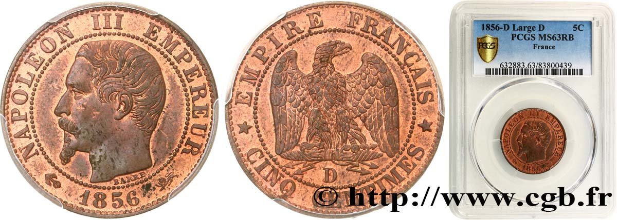 Cinq centimes Napoléon III, tête nue 1856 Lyon F.116/33 SPL63 PCGS