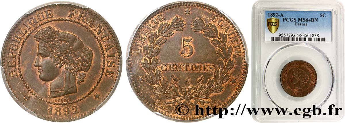 5 centimes Cérès 1892 Paris F.118/34 SPL64 PCGS