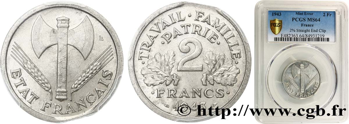 2 francs Francisque, Fautée 1943  F.270/2 fST64 PCGS