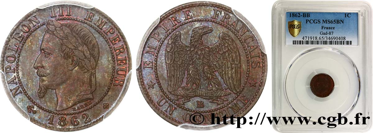Un centime Napoléon III, tête laurée 1862 Strasbourg F.103/5 MS65 PCGS