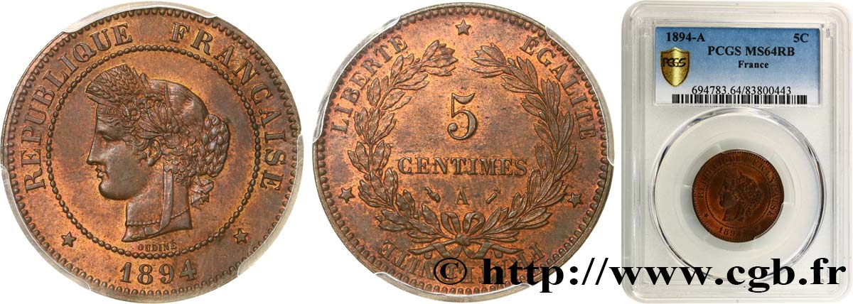 5 centimes Cérès 1894 Paris F.118/36 fST64 PCGS