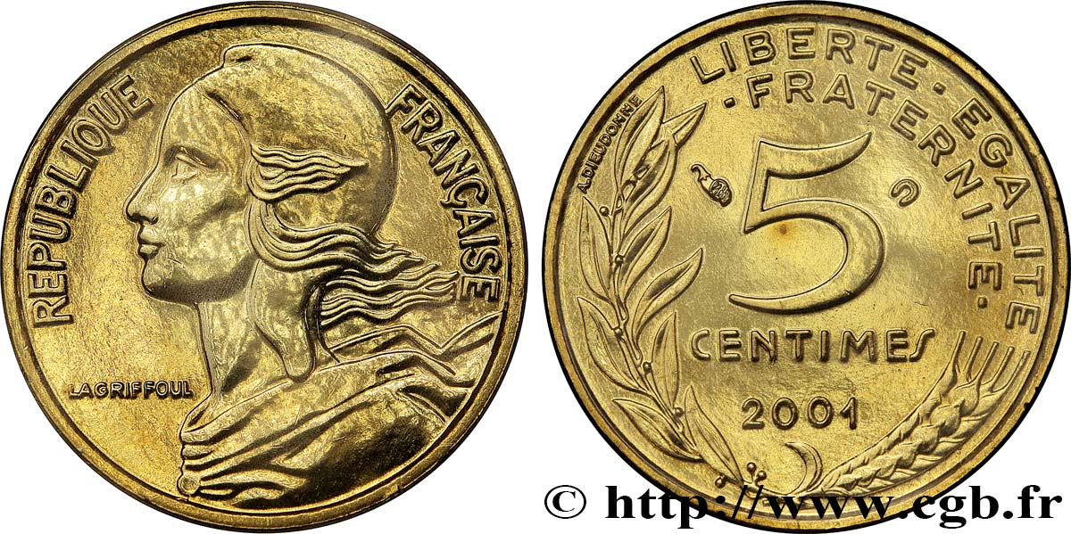 5 centimes Marianne, BU (Brillant Universel) 2001 Pessac F.125/45 FDC 