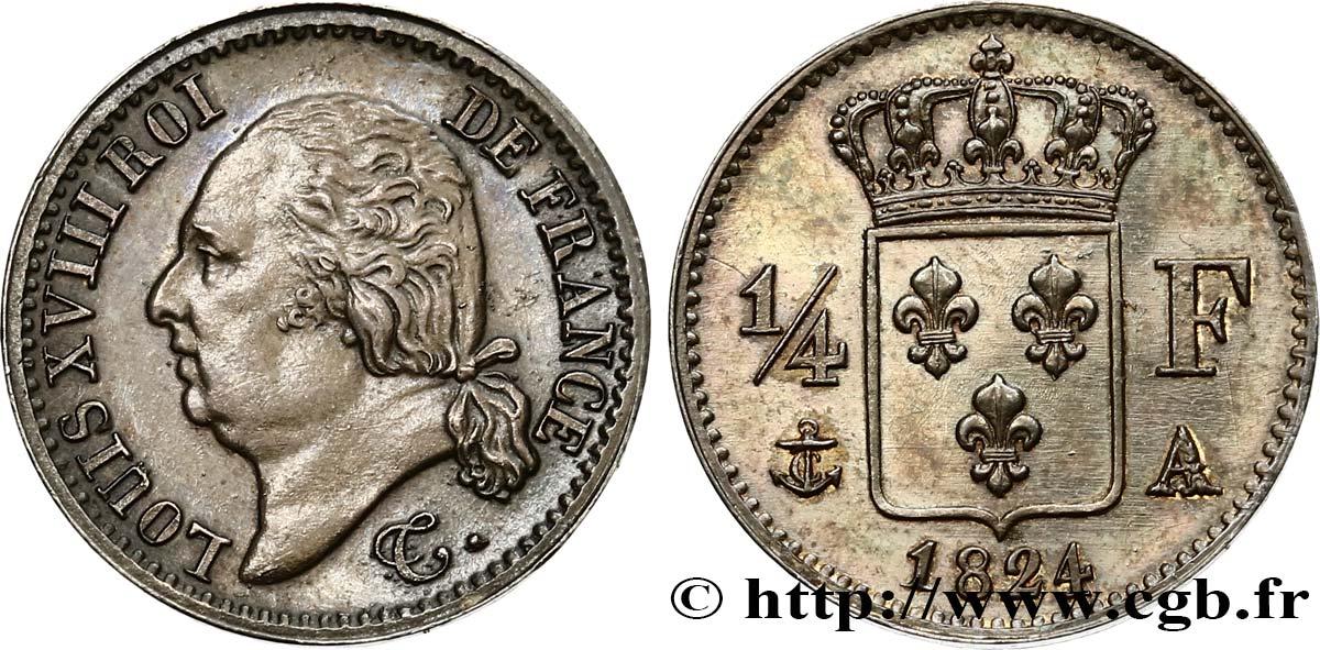 1/4 franc Louis XVIII  1824 Paris F.163/31 SPL60 