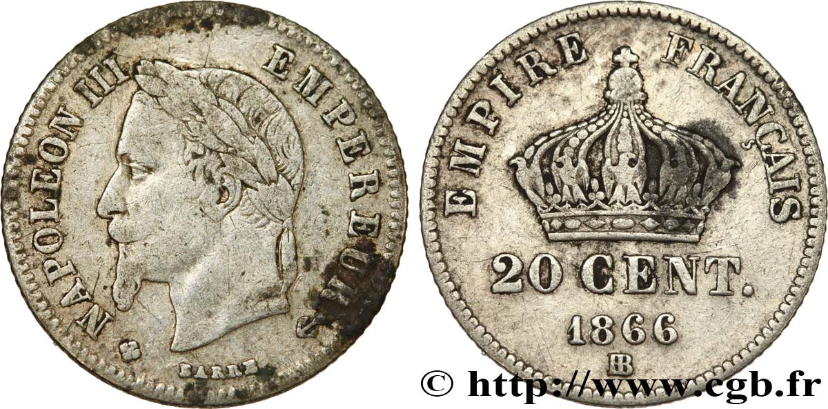 20 centimes III Napoléon tête laurée, petit module 1866 Strasbourg F.149/5 TB 