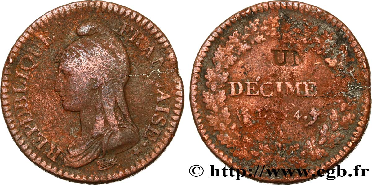 Un décime Dupré, modification du 2 décimes 1796 Paris F.127/1 VG 
